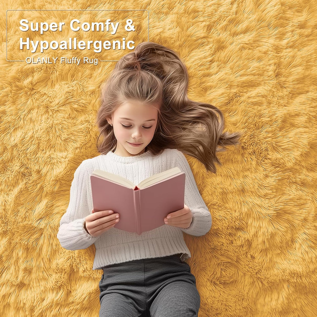 OLANLY Machine Washable 2x6 Runner Rug - Soft Fluffy Shaggy Indoor Carpet for Bedroom & Hallway | Mustard Yellow