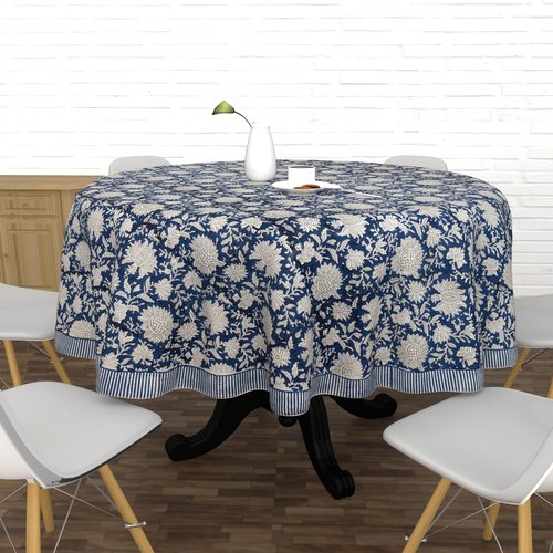 FYNITE Classic Indigo Vine Tablecloth | 90" Inches Round | 100%Cotton | Hand Block Print | Washable | Farmhouse & Fall Decor | Table Cover for Halloween | Thanksgiving | Christmas | Wedding | Parties