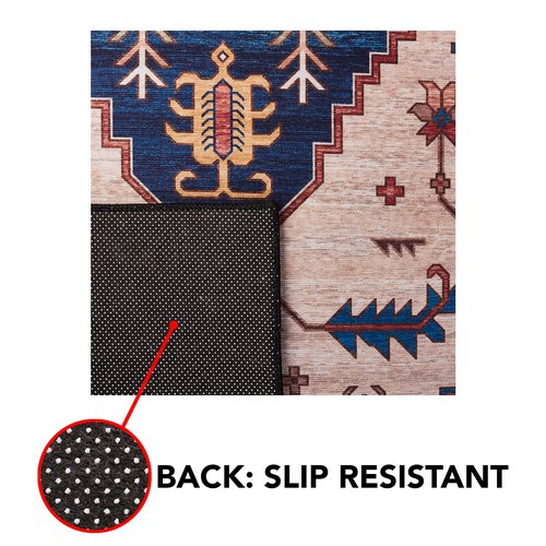 SAFAVIEH Washable Rug Tucson Collection - 4' Square, Rust & Blue, Slip Resistant & Easy to Clean, Ideal for Foyer, Kitchen, Nursery, Office, Bedroom (TSN153P)