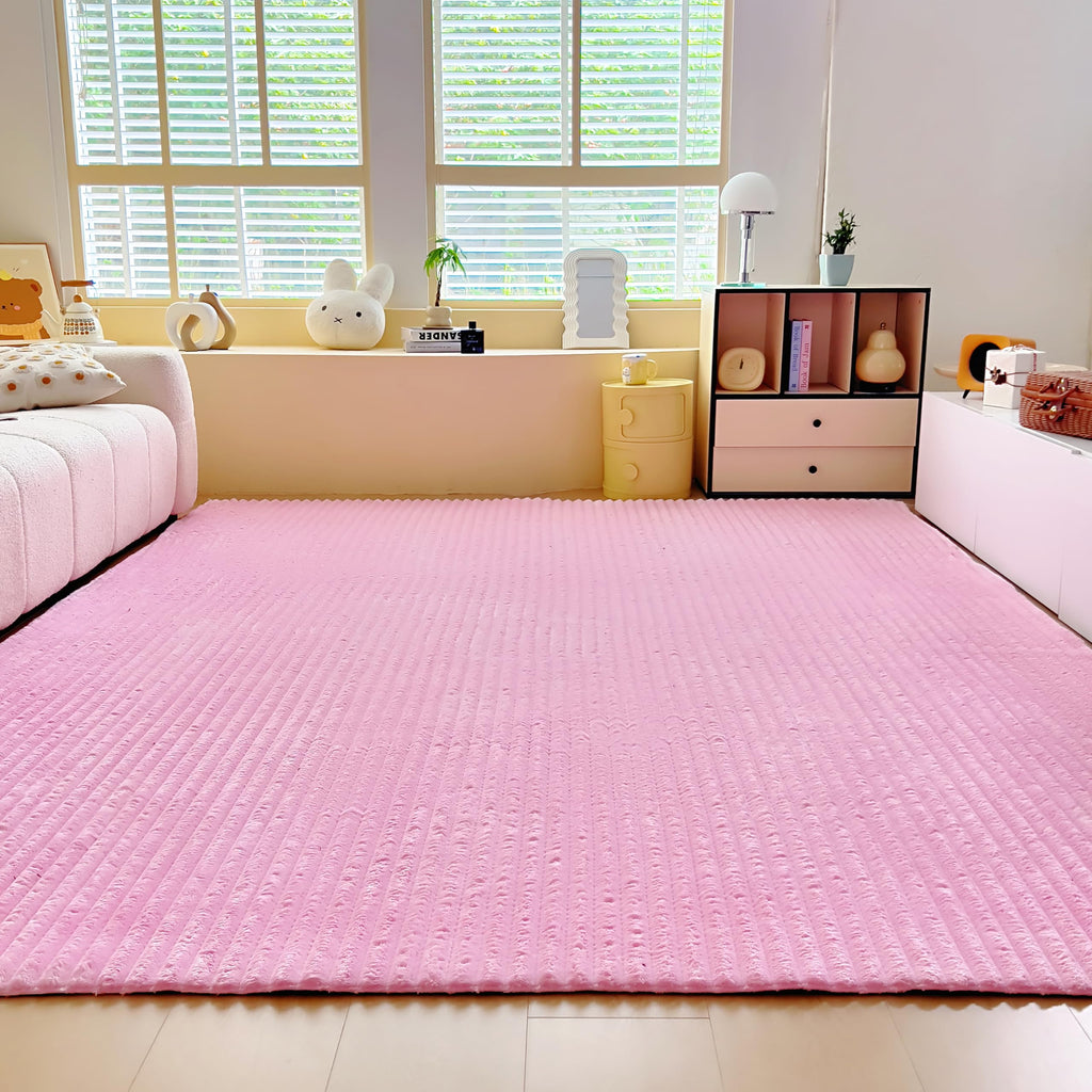 Light Pink Faux Fur Striped Plush Area Rug for Bedroom Living Room Sofa,8'x10' Fluffy Shaggy Rectangular Square Rug for Kids Teen Girls Room,Furry Carpet Rug for Nursery Baby Room