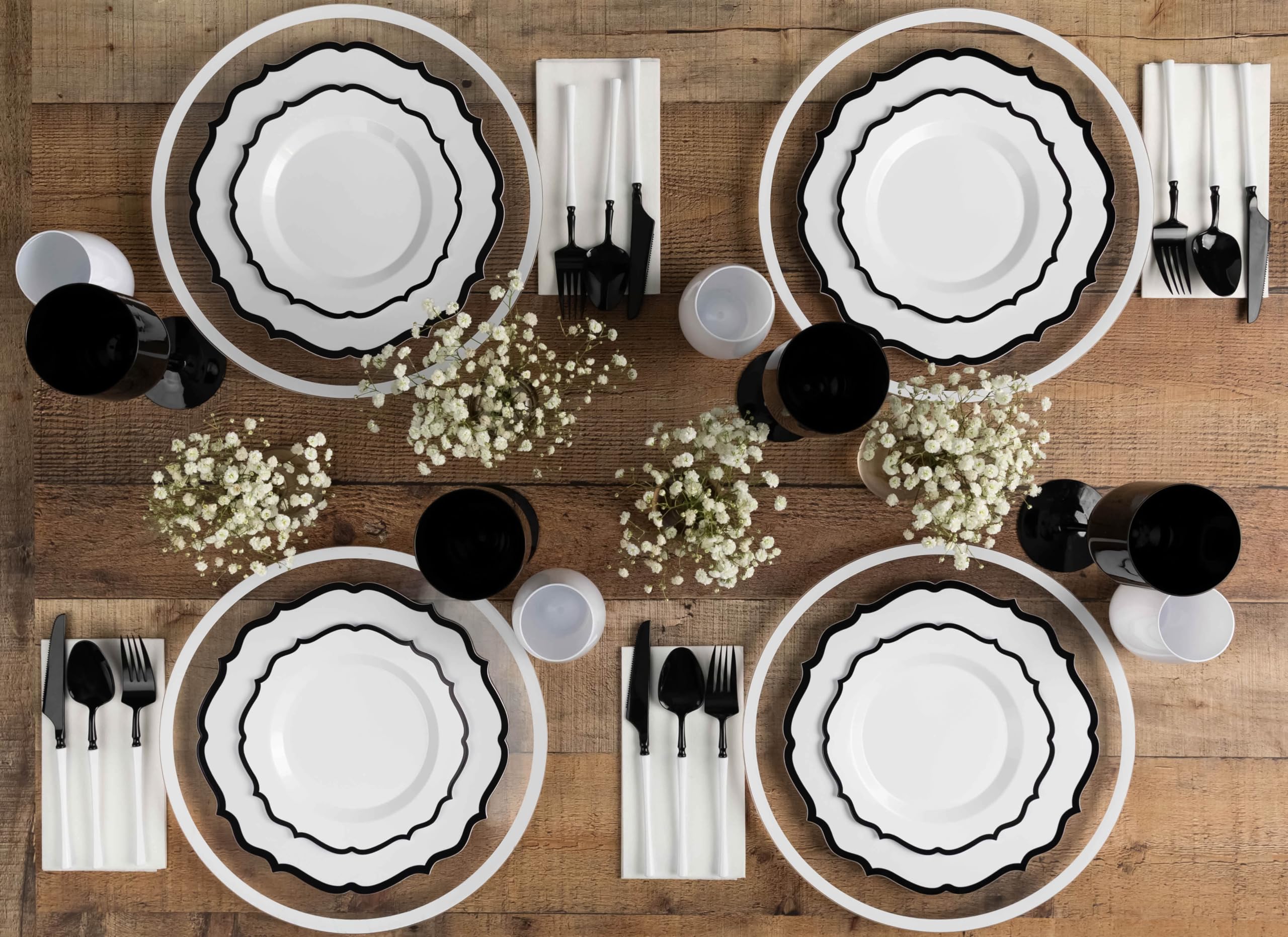 PLASTICPRO 128 Pack Elegant Disposable Plastic Plates Combo Set Bulk Pack Includes 64 Dinner Plates and 64 Salad Plates Heavy Duty Fancy Party Plates White with Black Contemporary Design