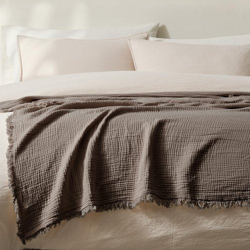 WDCOZY 100% Cotton Muslin Blanket Queen Size 4-Layer for Bed Breathable Lightweight Soft Large Boho Farmhouse Linen Tassels Ruffle Gauze Blankets 90x90 Inches Brown Mocha Chocolate Coffee Taupe