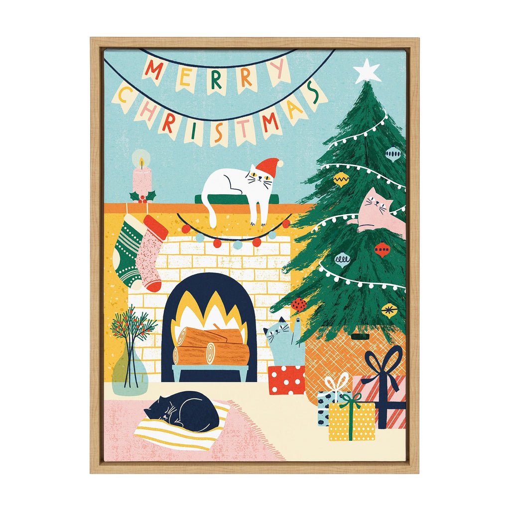 Kate and Laurel Sylvie TG Christmas Cats Framed Canvas Wall Art by Tania García, 18x24 Natural, Colorful Christmas Animal Art for Wall