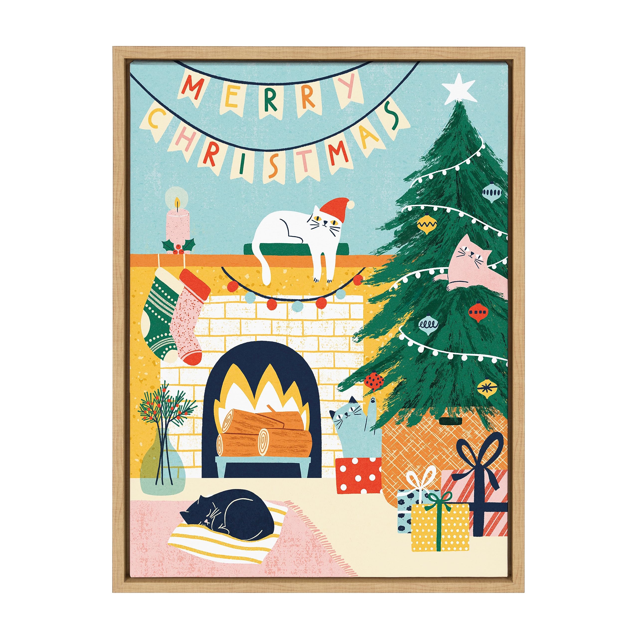 Kate and Laurel Sylvie TG Christmas Cats Framed Canvas Wall Art by Tania García, 18x24 Natural, Colorful Christmas Animal Art for Wall