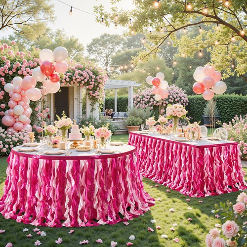 Wish Care 17ft Pink Sequin Table Skirt for Rectangle Tables Glitter Curly Willow Fuchsia Tutu Skirt Ruffle Table Cloth Desk Skirts for Princess Girls Birthday Baby Shower Party Cake Table Decorations