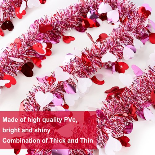 50FT Valentines Day Decor Red Pink White Heart Tinsel Garland Valentines Decorations Garland for Tree Party Classroom Fireplace Home, Galentines Day Decor Indoor Outdoor Romantic Party Decor