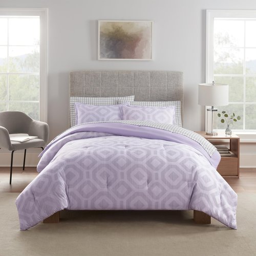 Serta Simply Clean Skyler Soft 5 Piece Geometric Bed in A Bag Complete Bedding Comforter Set with Sheets and Pillow Case for All Season, Twin/Twin XL, Lavender