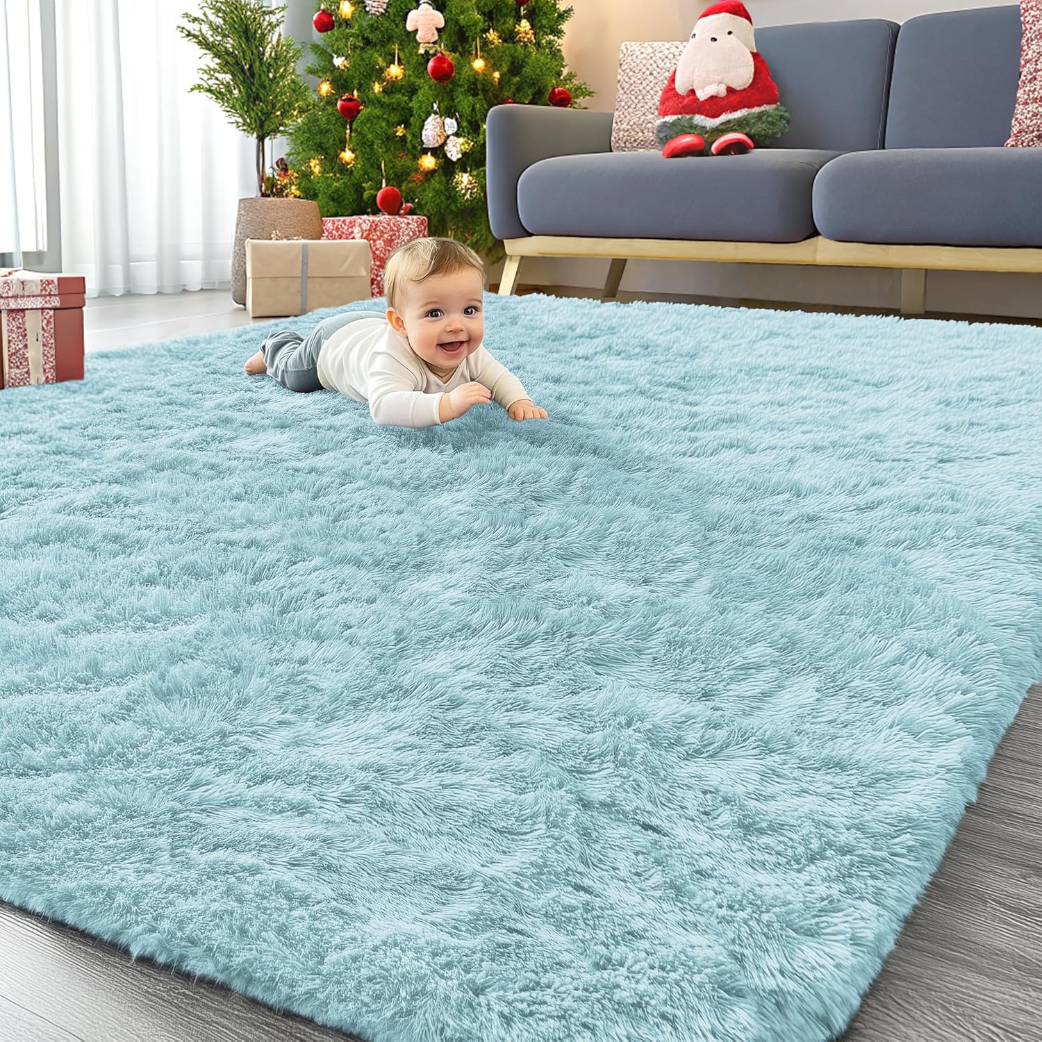 OLANLY Large Area Rug - Soft Fluffy Machine Washable Shaggy Carpet for Living Room & Bedroom | Light Blue