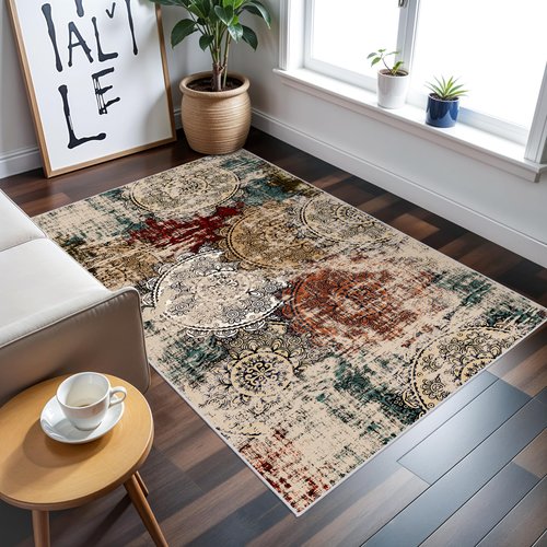 BYYVOO Washable 3x5 Area Rugs - Abstract Living Room Rus Low Pile Area Rug for Bedroom Soft Water Resistant Non Slip Modern Floor Area Rugs for Entry Dinning Room 3x5 Red Green Multi