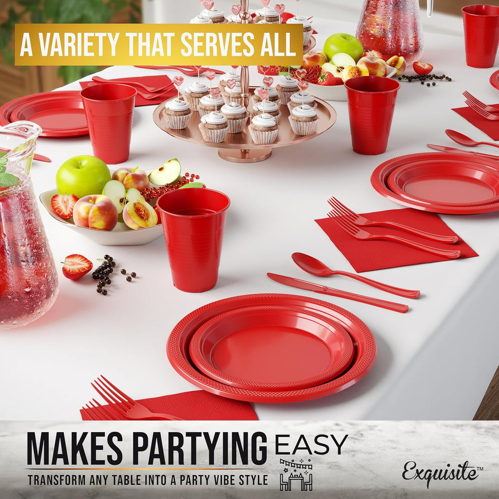 Regine Switzerland 350 Pcs Red Plastic Plates Set - Disposable Dinnerware with Cups & Cutlery | 9" & 7" Sizes