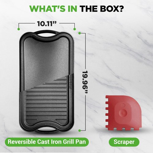 NutriChef Reversible Cast Iron Griddle Pan for Stove Top Cooking, Heavy Duty Nonstick Grill Plate with Flat & Ribbed Sides, Works as Flat Top Grill or Griddle for Gas Grill, Includes Scraper Tool