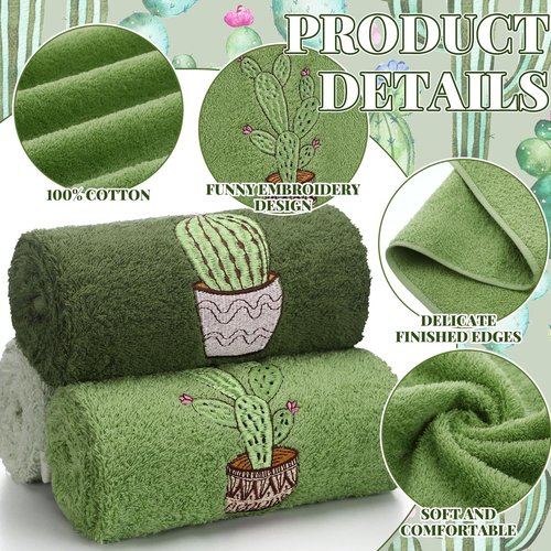 FuWeave 3 Pcs Green Cactus Summer Hand Towels for Bathroom 100% Cotton 29.5 x 13.8'' Embroidered Decorative Absorbent Soft Bath Hand Towels for Bathroom Kitchen Gift Decor