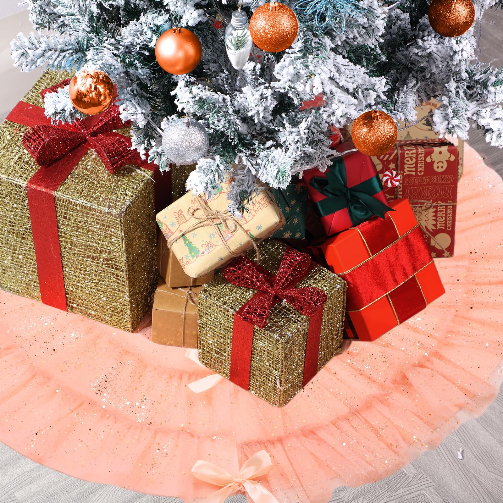 Tatuo Christmas Tree Skirt Wedding Ruffle 4 Layer Tulle Round Fluffy Sparkly Skirt Tree Mat Ornament for Christmas Holiday Decoration(40 Inches,Rose Gold)