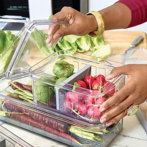 iDesign Small Fridge Organizer Bin with Removable Divider and Lid - Set of 6 - Clear/Gray