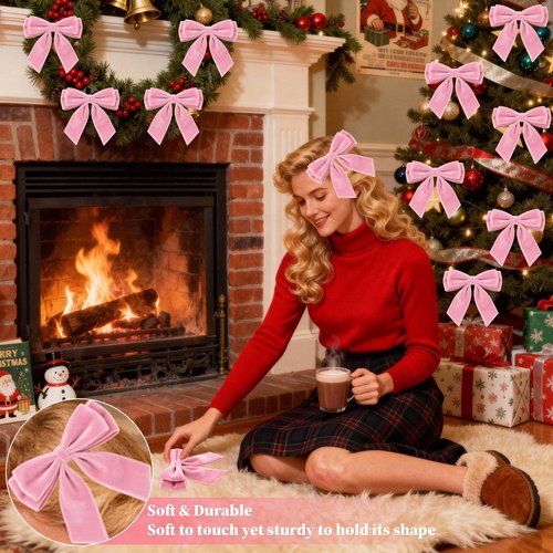 24Pcs Velvet Bows for Christmas Tree, Pink Bows Christmas Decorations with Twist Tie, Bulk Lovely Cute Velvet Ornaments for Wreath Garland Gift Wrapping Wedding Champagne Parties Decor, 6*6in