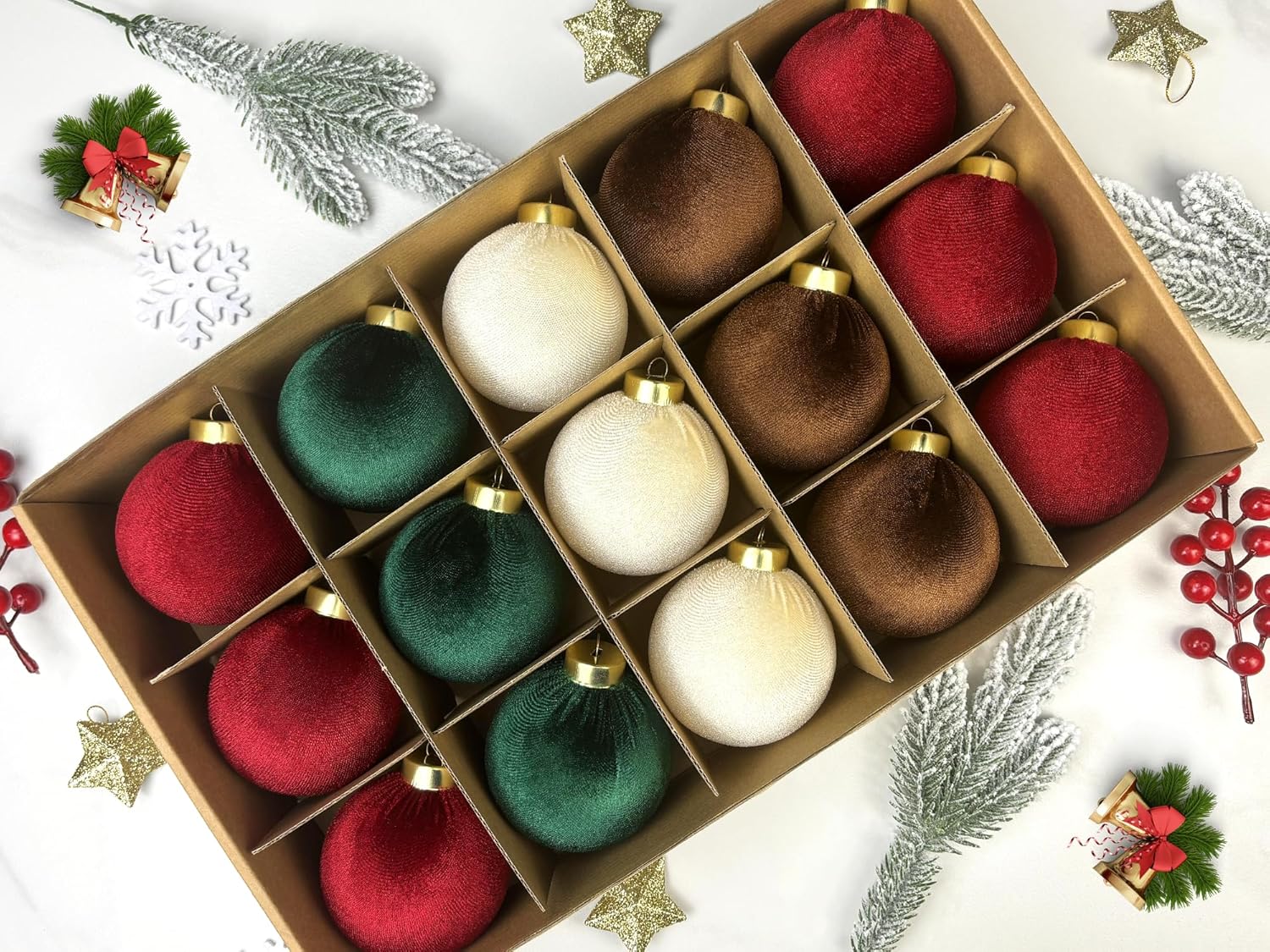 Velvet Christmas Tree Ornaments - 15 PCS Large Shatterproof Baubles | Flocked Multi-Color Decor