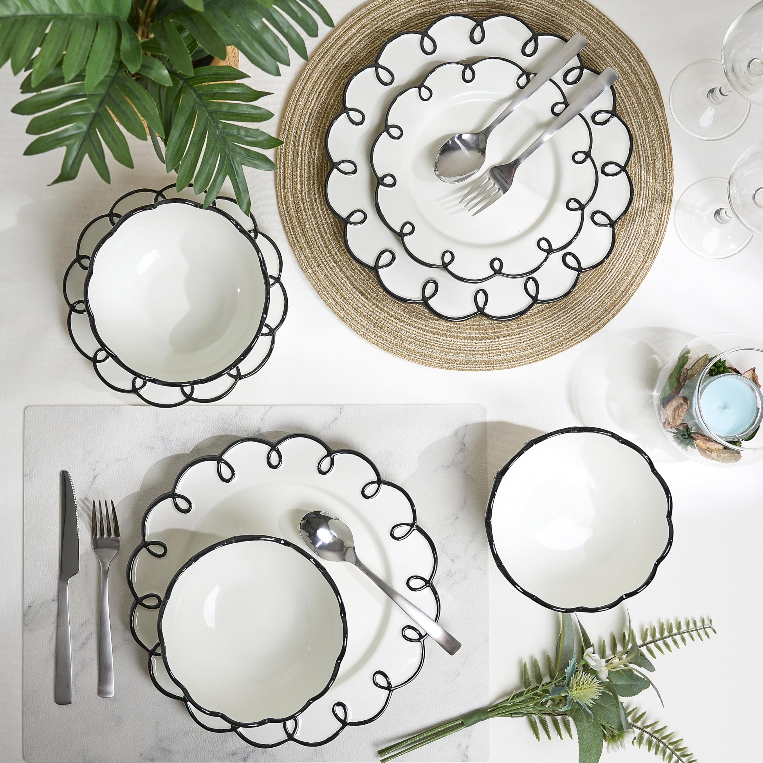 Sango 12-Piece Earthenware Dinnerware Set for 4, Glossy White Plates and Bowls Sets with Black Scalloped Rims, Premium Dish Set, Dishes for Hosting Parties, Birthday & Wedding Gifts, Splash of Cheers