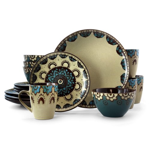 Elama Stoneware Dinnerware Collection, 16 Piece, Tan, Blue, Brown