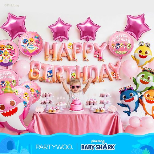 Baby Shark | PartyWoo 37-Piece Foil Balloon Set - Pink Round & Star Mylar Birthday Decorations for Kids