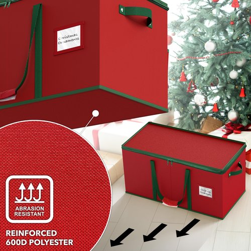 Simple Houseware Heavy-Duty Large Christmas Ornament Storage Box with Adjustable Dividers, Stores up to 128 Ornaments, Zipper Lid, Red