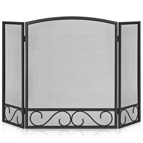 FEED GARDEN 3 Panel Fireplace Screen Wrought Iron 48" W x 29" H Foldable Heavy Duty Fire Spark Guard Cover with Metal Decorative Mesh for Living Room, Home Decor Indoor, Black