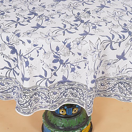 COTSILER 100% Cotton Handblock Tablecloth Round Washable Table Cover Decorative Tablecloths Best for Events,Home,Party,Celebration (White-D15, 90" Round)