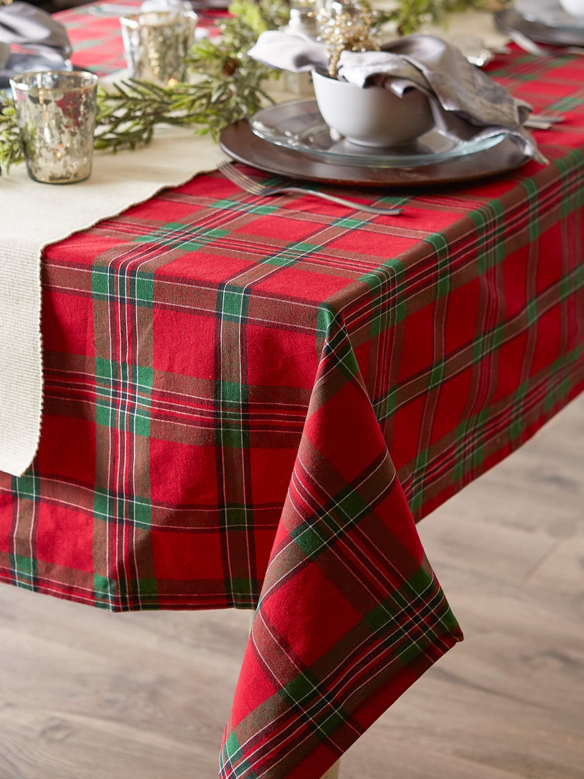 DII Farmhouse Christmas Plaid Dining Table & Kitchen Décor, Holiday Tablecloth, 70" Round, Red & Green
