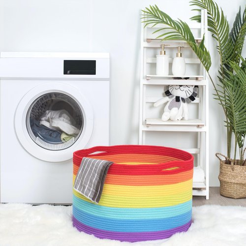 MINTWOOD Design Extra Large 22 x 14 Inch Rainbow Blanket Basket for Colorful Room Decor, Playroom & Classroom Storage Basket, Decorative Cotton Rope Basket, Toy Storage Baskets & Rainbow Storage Bins