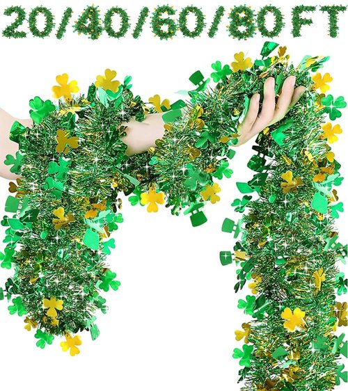 【20/40/60/80 FT】 St Patricks Day Garland Decor Gold Green Shamrock Hat Tinsel Garland, Shiny Metallic Streamer Twist Garland Hanging St Patricks Day Decorations for Home Indoor Outdoor Party Supplies