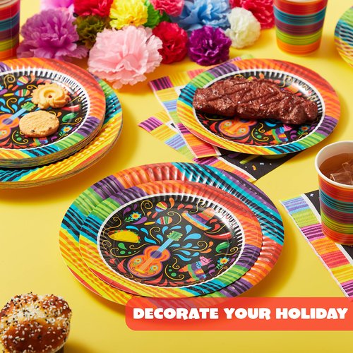 JOYIN 82PCS Fiesta Tableware Set, Mexican Party Supplies Packs for Cinco De Mayo Table Decorations, Fiest Themed Dessert Plates Fiesta Party Napkins Forks, Carnivals Event, Dia De Muertos Festivals