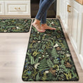 Black Green Botanical Kitchen Rugs Set of 2 Plant Leaf Anti-Fatigue Kitchen Mat Natural Comfort Standing Waterproof PVC Mats 2/5" Thick Leather Carpet for Laundry Office Sink(17.3" x28" + 17.3" x 59")