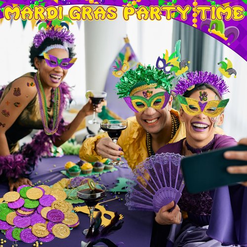 Seifar 172 Pcs Mardi Gras Accessories Set, Purple Green Gold Mardi Gras Beads Necklaces Coins Headbands Bracelets Tattoos for Mardi Gras Masquerade Parade Decor Party Favors Supplies