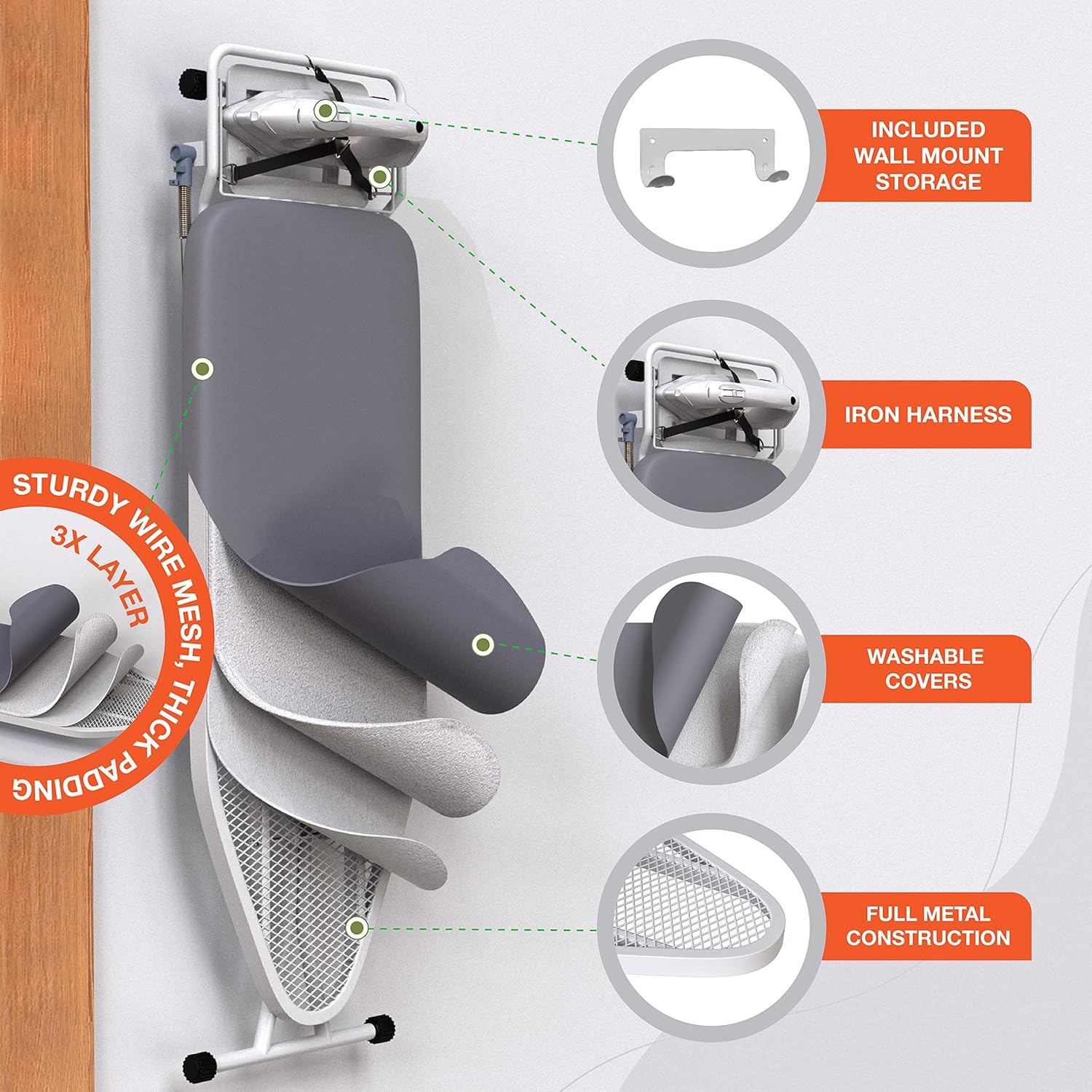 Xabitat Full-Size Ironing Board - 57" X 15" with Wall Mount Hanger & Built-In Iron Caddy