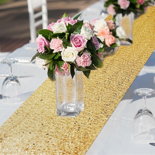 Mixweer 24 Pcs 12 x 108 Inch Gold Sequin Table Runners Bulk Glitter Table Runners Decorations for Birthday Party Wedding Engagement Holiday Celebration Supplies