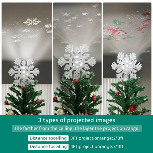 Christmas Tree Topper Projection Light with 3 Animated Projection Modes,Christmas Tree Decoration with LED Rotating Magic,3D Glitter Dynamic Projection,Silver Snowflake Christmas Tree Star.