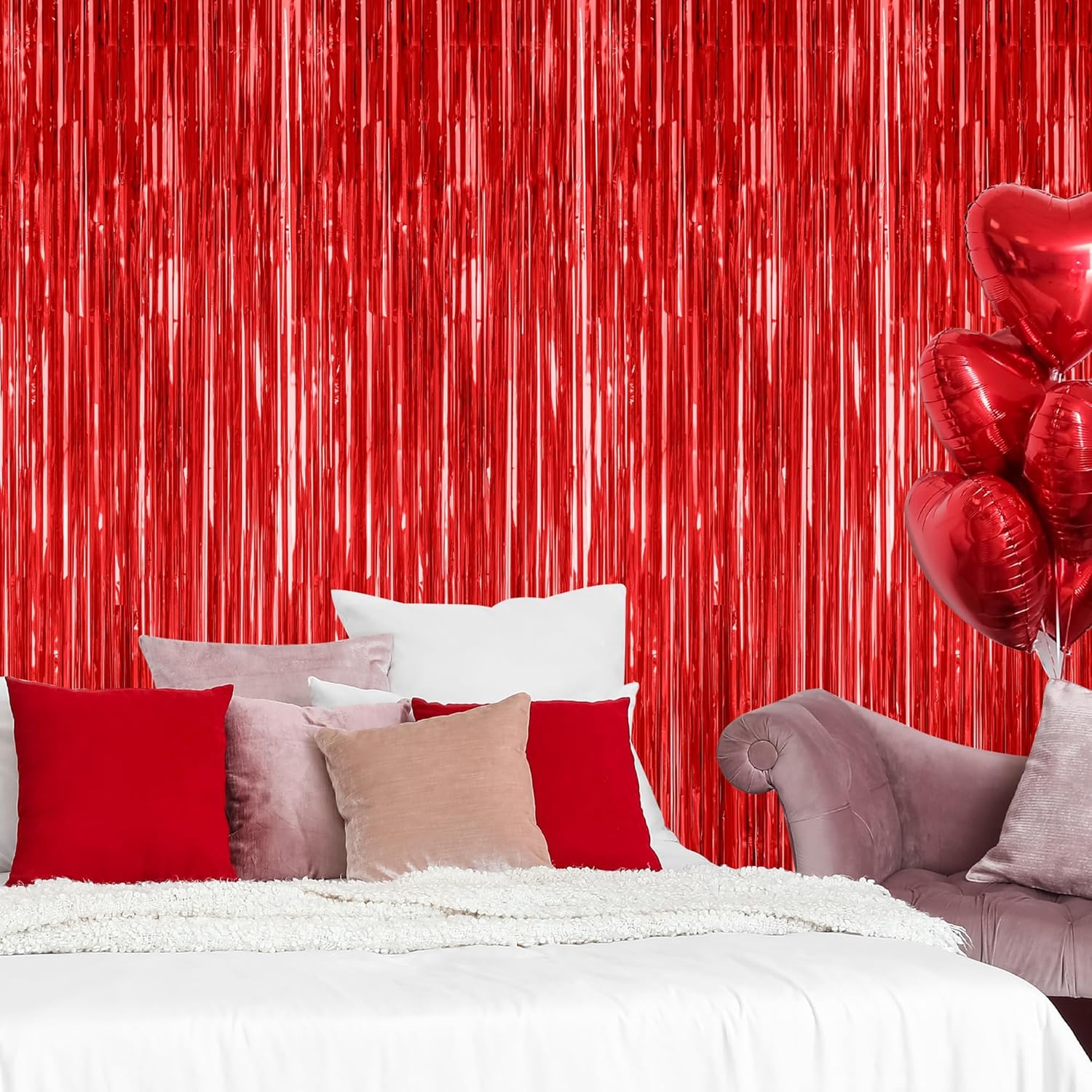 Red Tinsel Backdrop by [Brand Name] - 2 Pack Fringe Curtains | 3.28 FT x 7.05 FT for Weddings & Valentine's Day