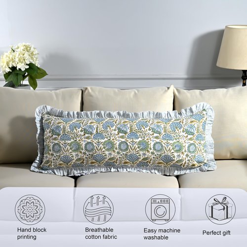 Ridhi Block Print Asparagus Green 36"x14" Set 1-100% Cotton Ruffle Lumbar Sham Cover Boho Floral Pillowcase, Farmhouse Cottagecore Bedding, Soft Decorative Cover Gift for Spring, Easter, Valentine