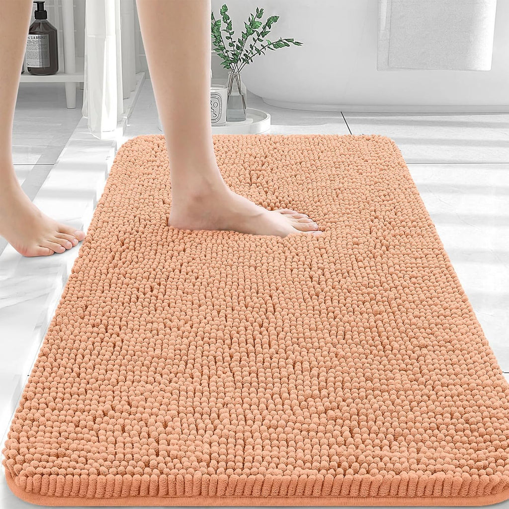 OLANLY Large Bathroom Rugs - Extra Soft Chenille Bath Mats with Rubber Backing | Quick Dry, Machine Washable, Peach 45x27