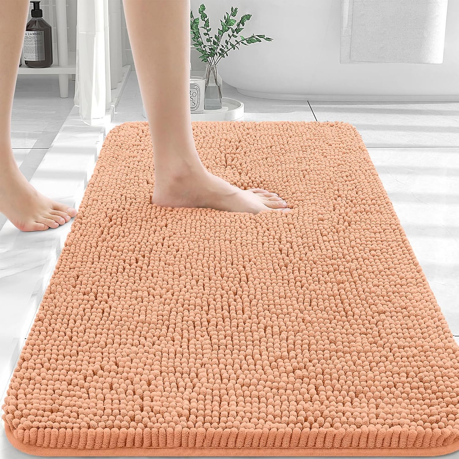 OLANLY Large Bathroom Rugs - Extra Soft Chenille Bath Mats with Rubber Backing | Quick Dry, Machine Washable, Peach 45x27