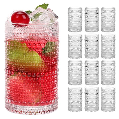 Moretoes Large Hobnail Drinking Glass Set of 12,15oz Clear Vintage Glassware,Embossed Glass Cups,Water Tumbler,Highball Glasses For Beer, Juice And Various Mixed Drinks
