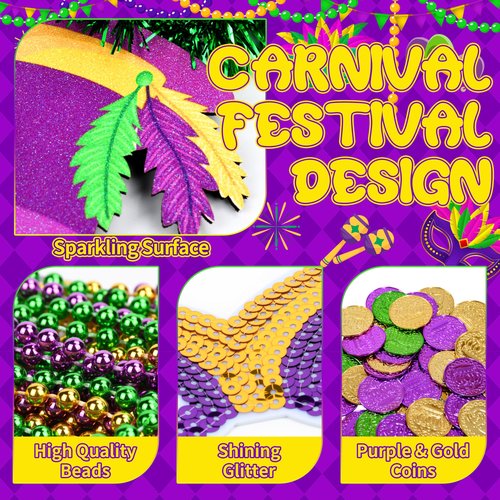 Seifar 172 Pcs Mardi Gras Accessories Set, Purple Green Gold Mardi Gras Beads Necklaces Coins Headbands Bracelets Tattoos for Mardi Gras Masquerade Parade Decor Party Favors Supplies