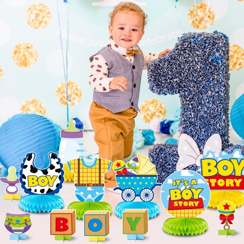 Andi Cppss Boy Story Honeycomb Centerpieces - 12PCS Boy Story Baby Shower Party Honeycomb Centerpieces Baby Boys Party Table Decoration It’s a Boys Stories Table Topper for Birthday Party Supplies
