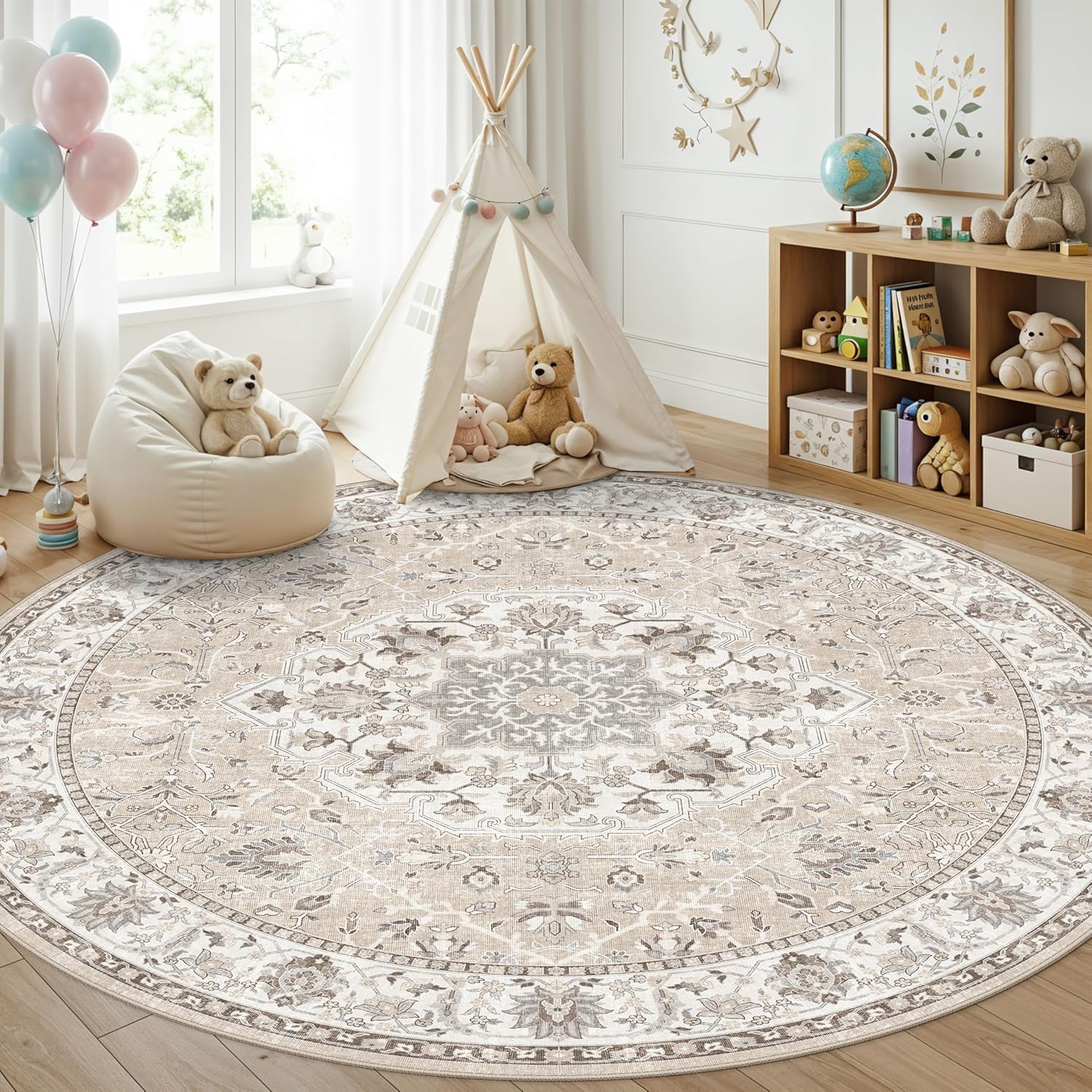 Skiennix 7x7 Living Room Area Rug - Washable Soft Round Oriental Print | Non-Slip, Stain Resistant Beige Mat