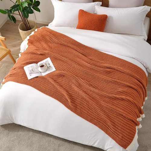 Snuggle Sac Ribbed Burnt Orange Fall Throw Blanket for Couch, Fuzzy Microfiber Knit Blankets for Couch, Sofa, Travel, Burnt Orange, 50x60 inches