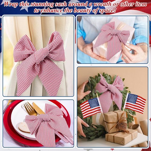 Hahafelt Patriotic Wreath Sashes - American Flag Design, 56 x 4.5 Inch Red & White Stripes for July 4th Decor