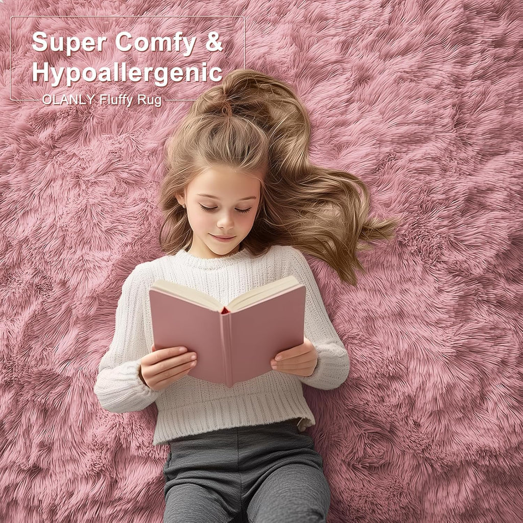 OLANLY Large Area Rug - Soft Fluffy Shaggy Carpet for Living Room & Bedroom | 8x10, Pale Pink