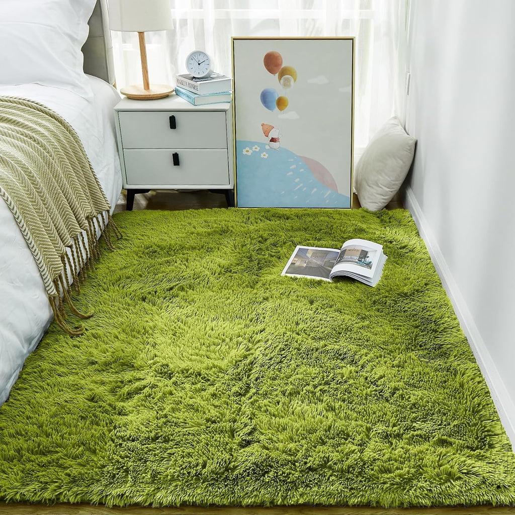 Ophanie Green Grass Area Rug - Soft Fluffy Shag Carpet for Bedroom | 3x5 Cute Kids Nursery Decor