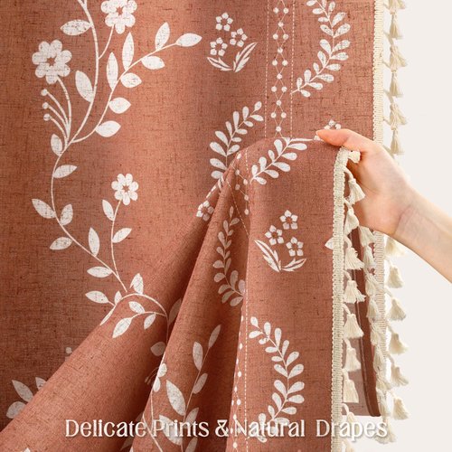 NDDYCU Vintage Boho Terracotta Shower Curtain, Floral Linen Patterned Shower Curtains for Bathroom with Tassels, 72 x 72