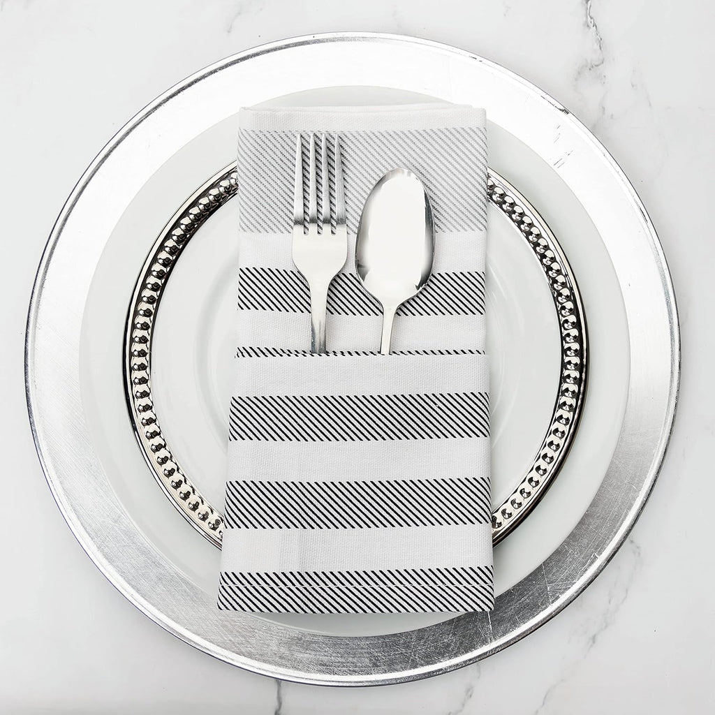 PERLLI Cotton Cloth Napkins - 12 Pack 18x18 Inches | Washable Black, Gray & White Stripes for Dining Decor