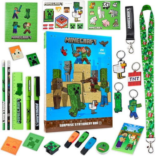 Minecraft Advent Calendar 2025 - 24 Fun Items Including Keychains, Pens & Notebooks | Blue/Green Gamer Xmas Gift
